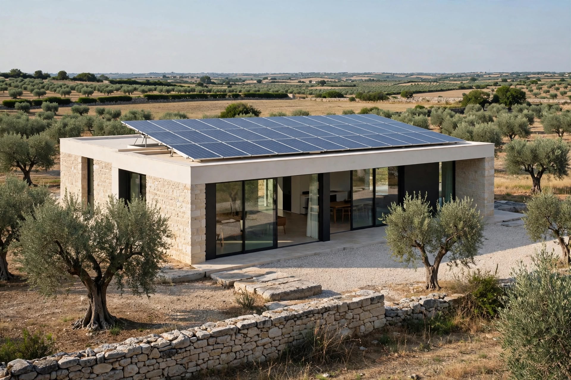 Casa contemporanea in pietra con pannelli fotovoltaici, immersa tra gli ulivi