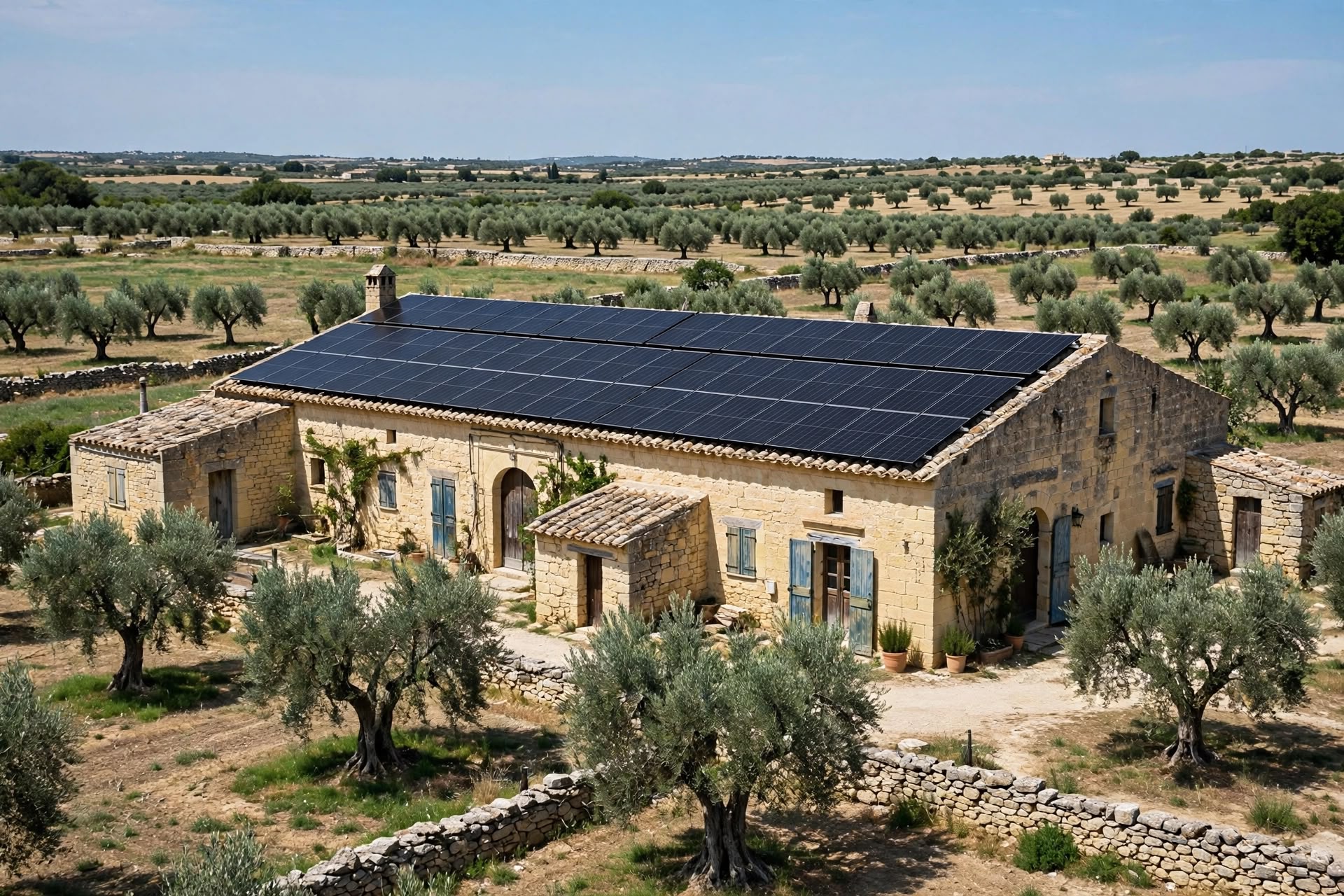 Edificio in pietra con copertura fotovoltaica nel paesaggio degli ulivi